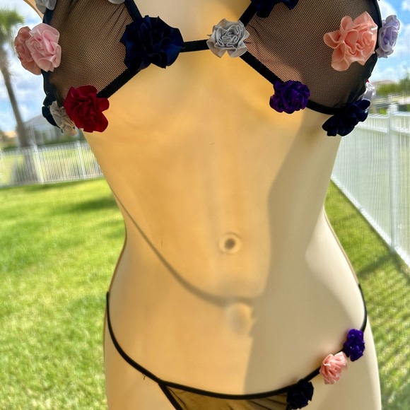 Mesh Two Piece Floral Bra and G string set with Satin Rose Buds . - Picture 8 of 10